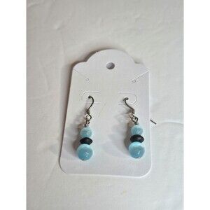 Beaded Dangle Earrings Blue and Black Silver Tone